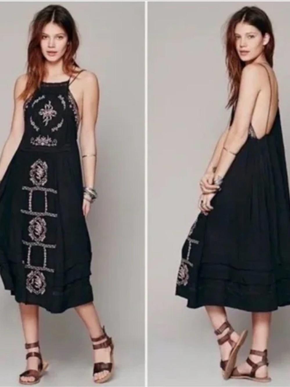 Free People Diamonds in the Sky Black Embroidered Backless Midi Maxi Dress
